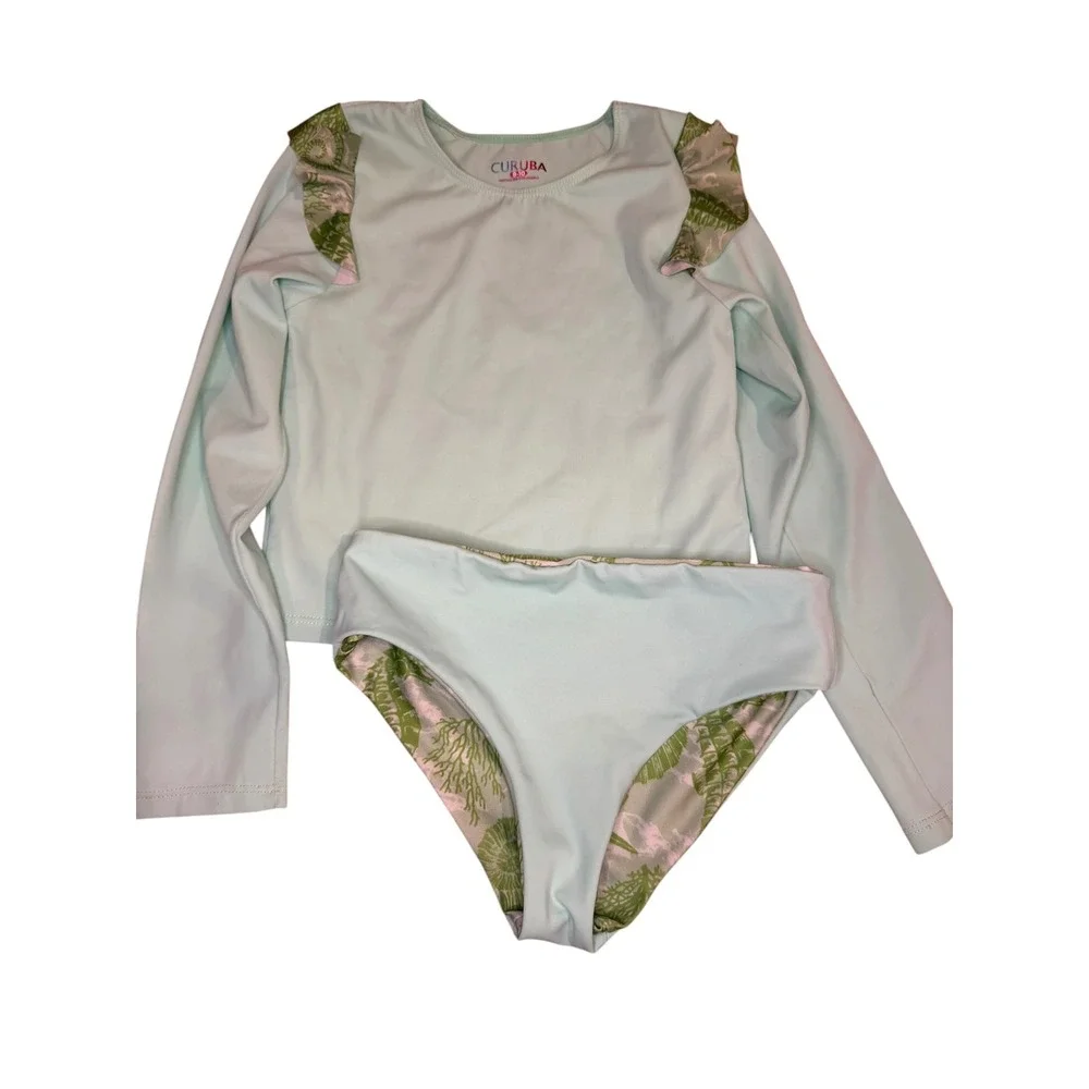 Curuba Mint ReversibleRash Guard Set Kids Seahorse Ruffle‎ Swimsuit 8-10